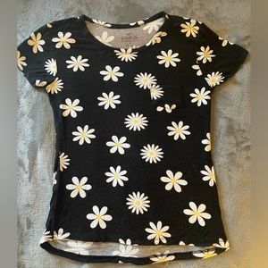 Black blouse, round neck, with white flower design